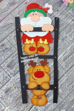Moldes para hacer adorno decorativo para pared o puerta con santa claus y reno en escalera